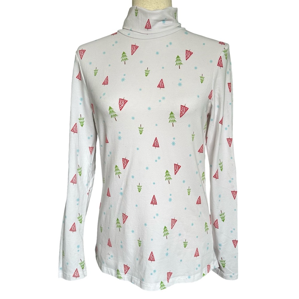 Cynthia Rowley Women‎ White Cottagecore Christmas Tree Turtleneck Tee Medium EUC